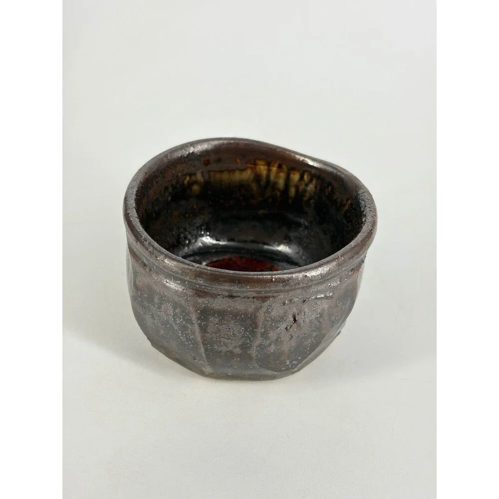 Studio Art Pottery Faceted Chawan Matcha Bowl Metallic Glaze Bumblebee Signed